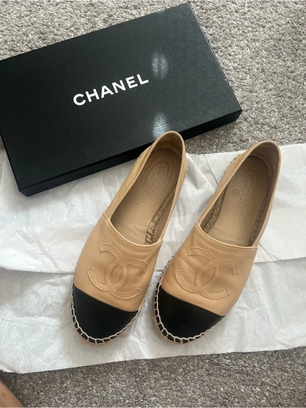 CHANEL Women's Beige and Black Leather Espadrille Flats